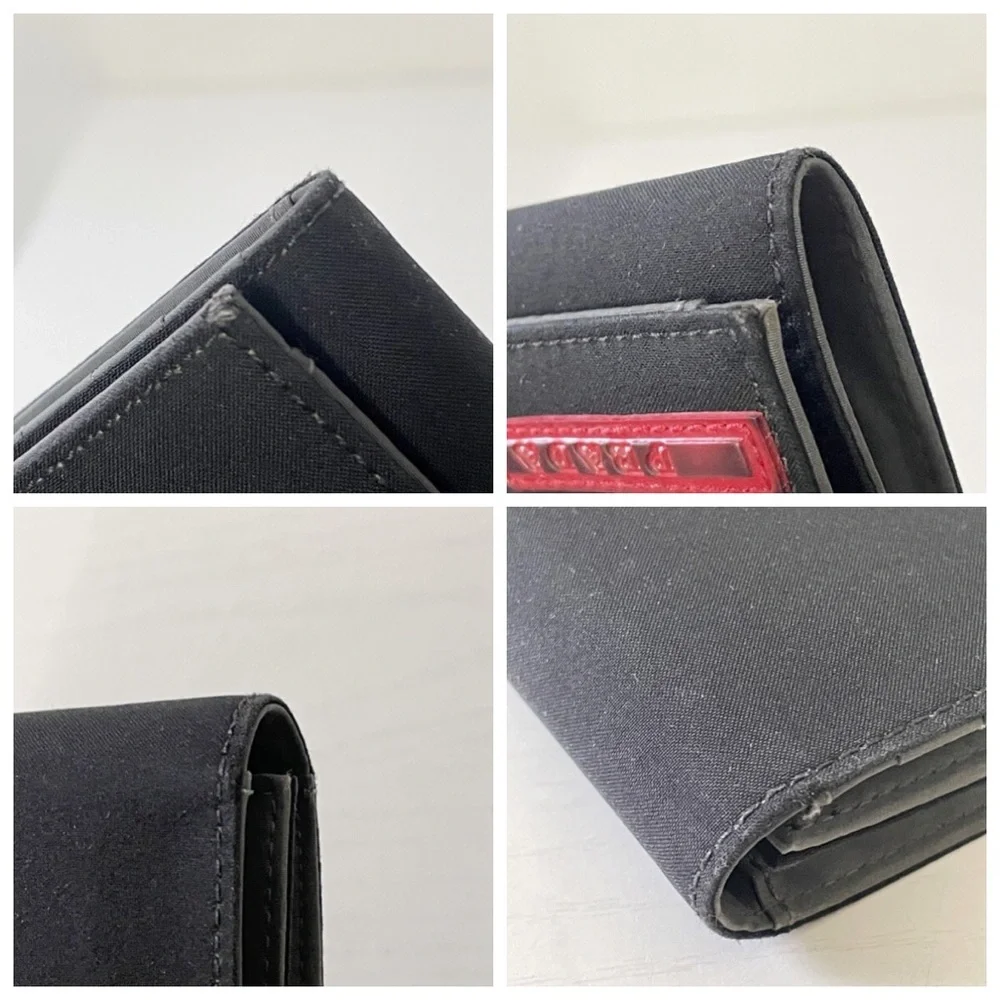 Prada black tech nylon red logo vintage trifold snap wallet